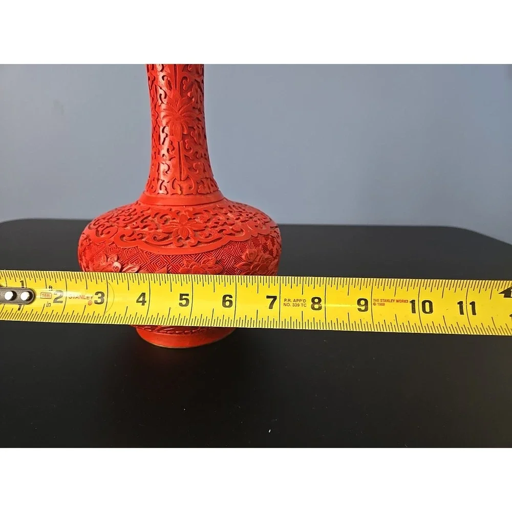 VTG CHINESE HAND CARVED FLORAL RED CINNABAR BLUE ENAMEL BRASS‎ LACQUER VASE 9.5